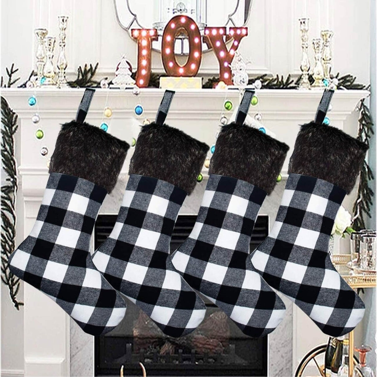 17 Inch Black And White Checkered Christmas Stocking Plush Fur Top Holiday Decoration
