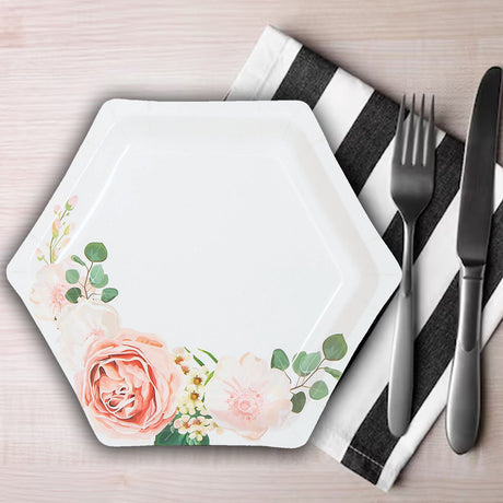 8 Ct. Blush Floral Hexagonal Paper Dessert Plates 7.25" Disposable Elegant Bridal Shower Plates