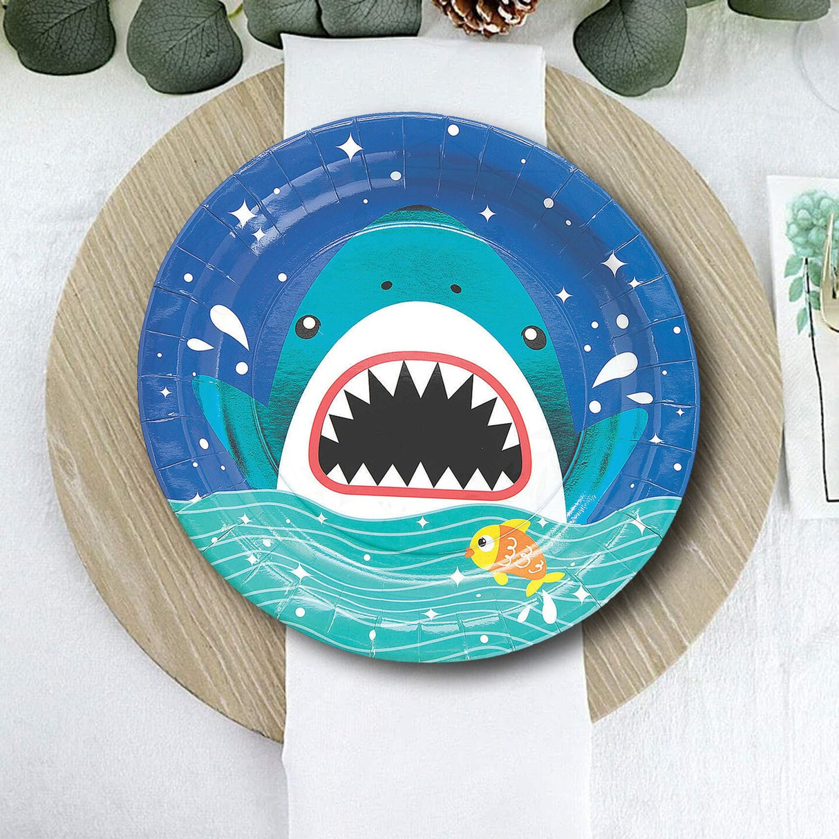 8 Count Shark Party Paper Dinner Plates 9" Ocean Theme Disposable Plates for Kids Birthday & Pool Parties