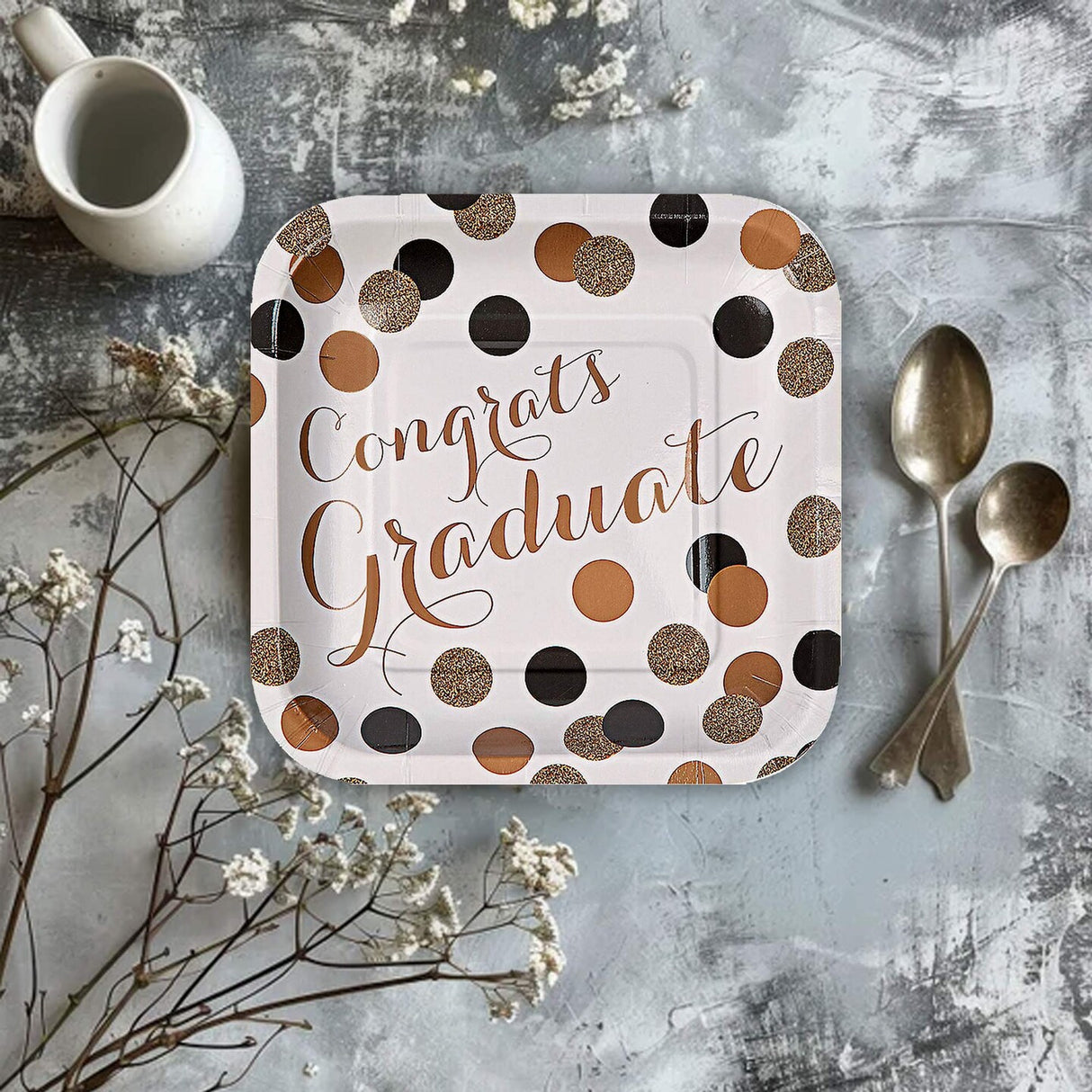 8 Count Black and Gold Graduation Party Congrats Graduate Square Paper Dessert Plates 7 Inch