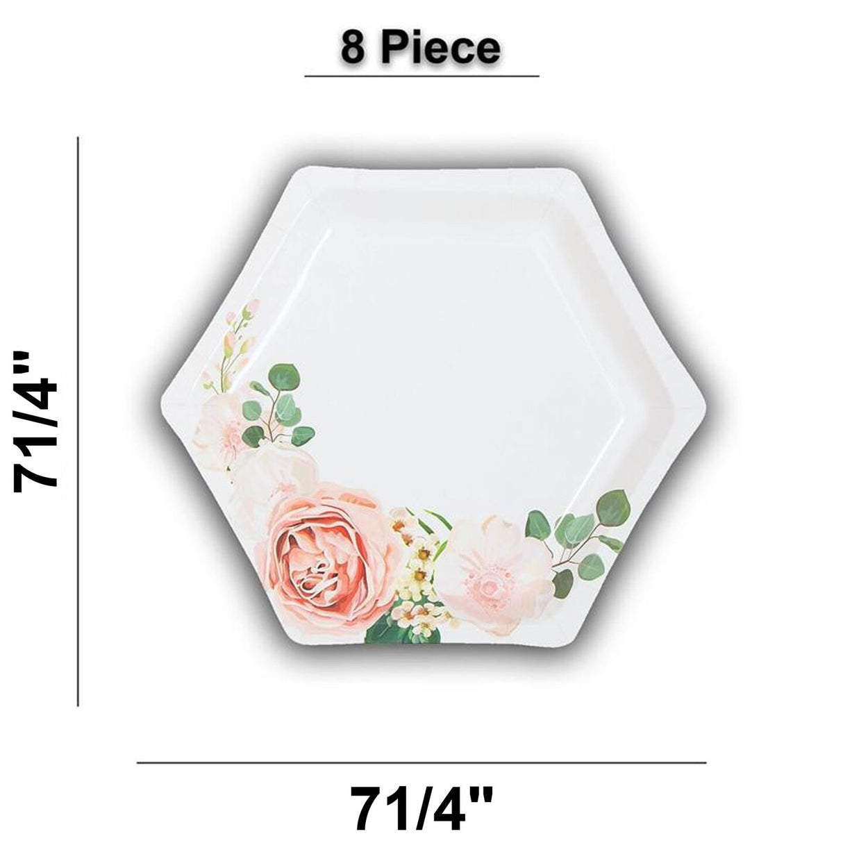 8 Ct. Blush Floral Hexagonal Paper Dessert Plates 7.25" Disposable Elegant Bridal Shower Plates