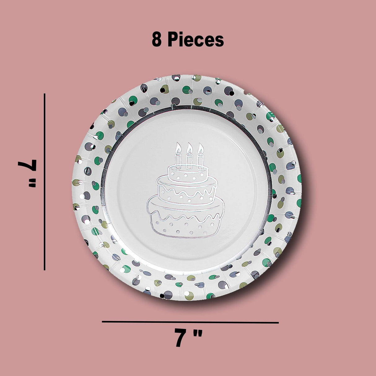 8 Count Birthday Cake Paper Plates Polka Dot Trim Party 7"