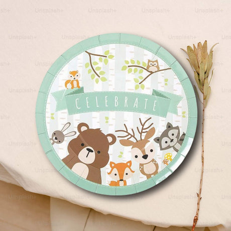 8 Count Woodland Animal Paper Dinner Plates for Birthday Baby Shower Party 9 1/4 Inch