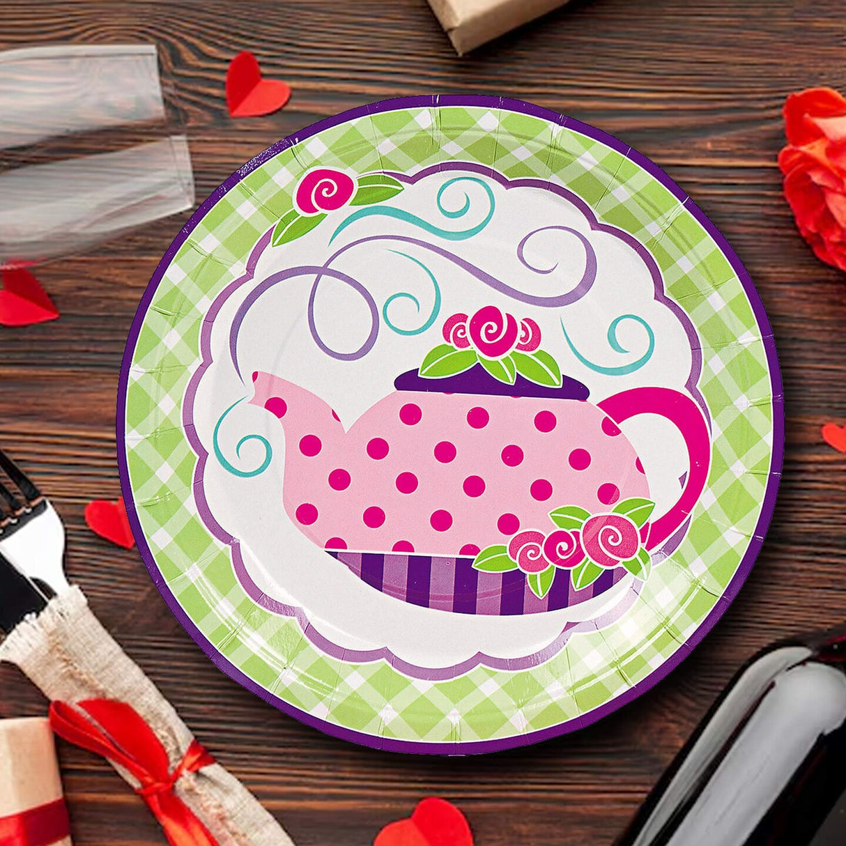 8 Count Green Gingham Tea Party Paper Dinner Plates 9" Disposable Plates for Birthday & Party Celebrations