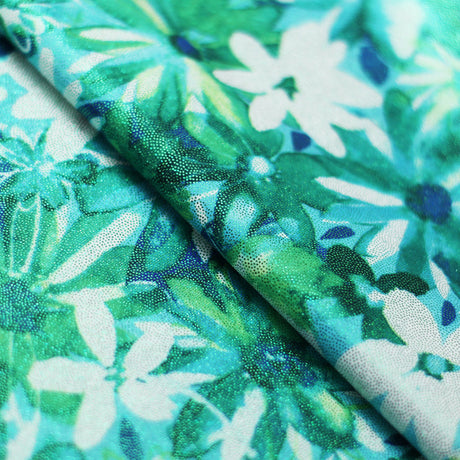 Crazy Daisy Polyester Spandex Fabric - Pink-Orange, Blue-Green Floral Print, 58-60" Width (1 Yard)