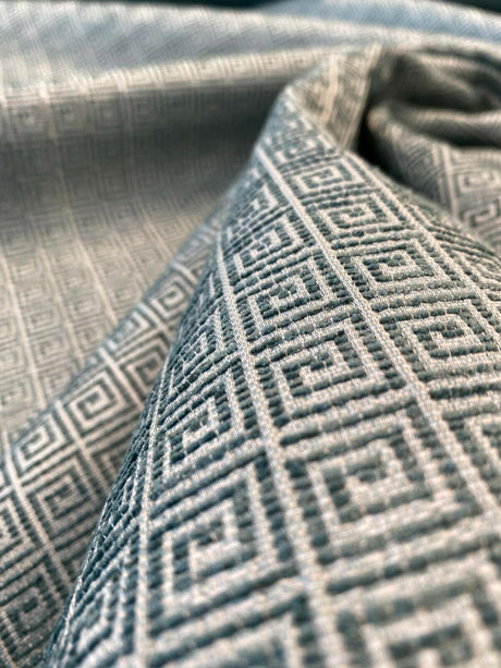 Greek Key Azure Tide Alexis Brocade Jacquard Fabric - Azure Tide Green, Greek Key On Stria Warp, 54" Width (1 Yard)