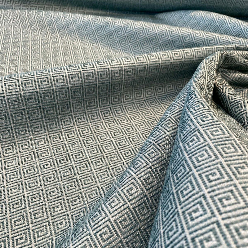 Greek Key Azure Tide Alexis Brocade Jacquard Fabric - Azure Tide Green, Greek Key On Stria Warp, 54" Width (1 Yard)