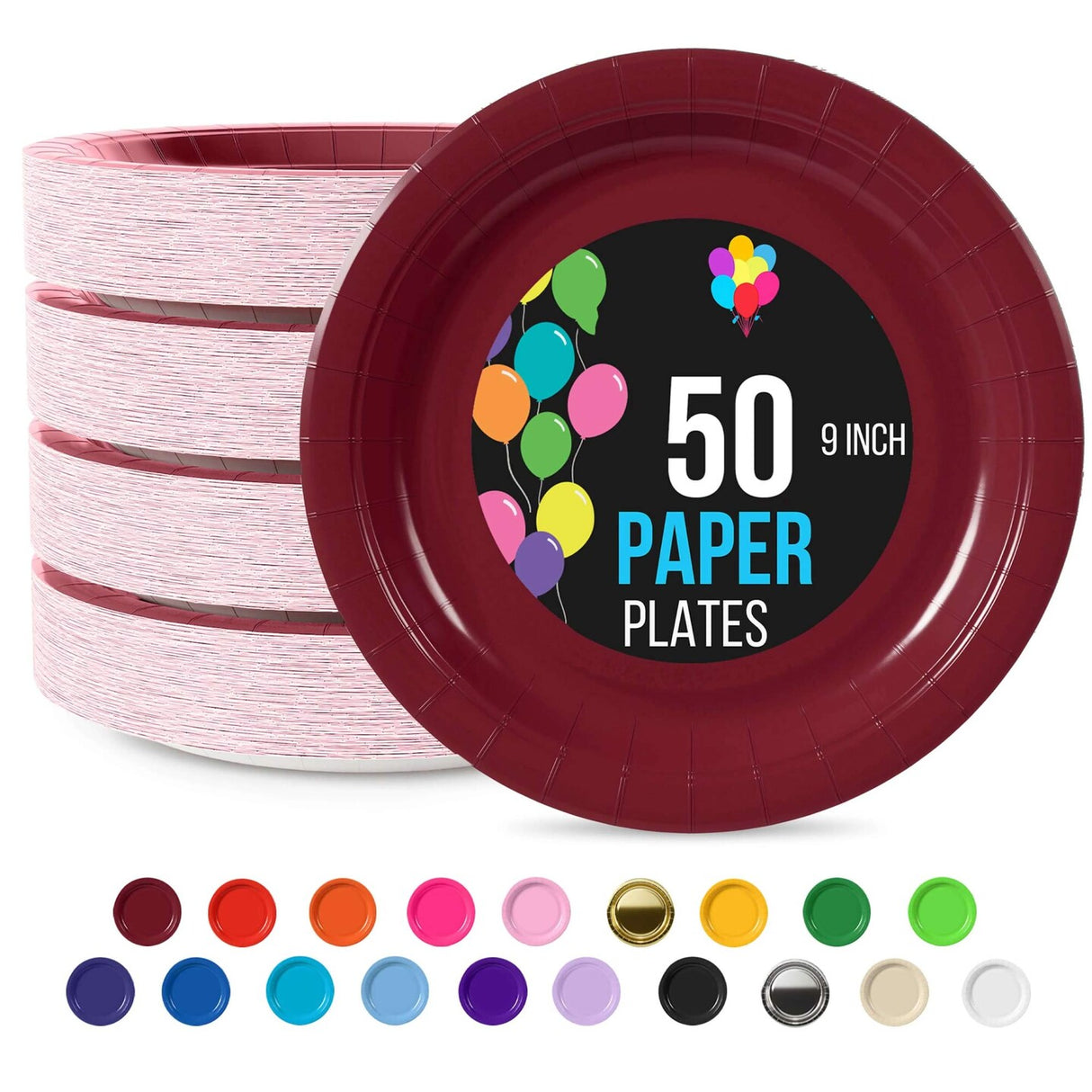 50 Count Burgundy Paper Plates 9 Inch Elegant Disposable Dinnerware for Parties and Events