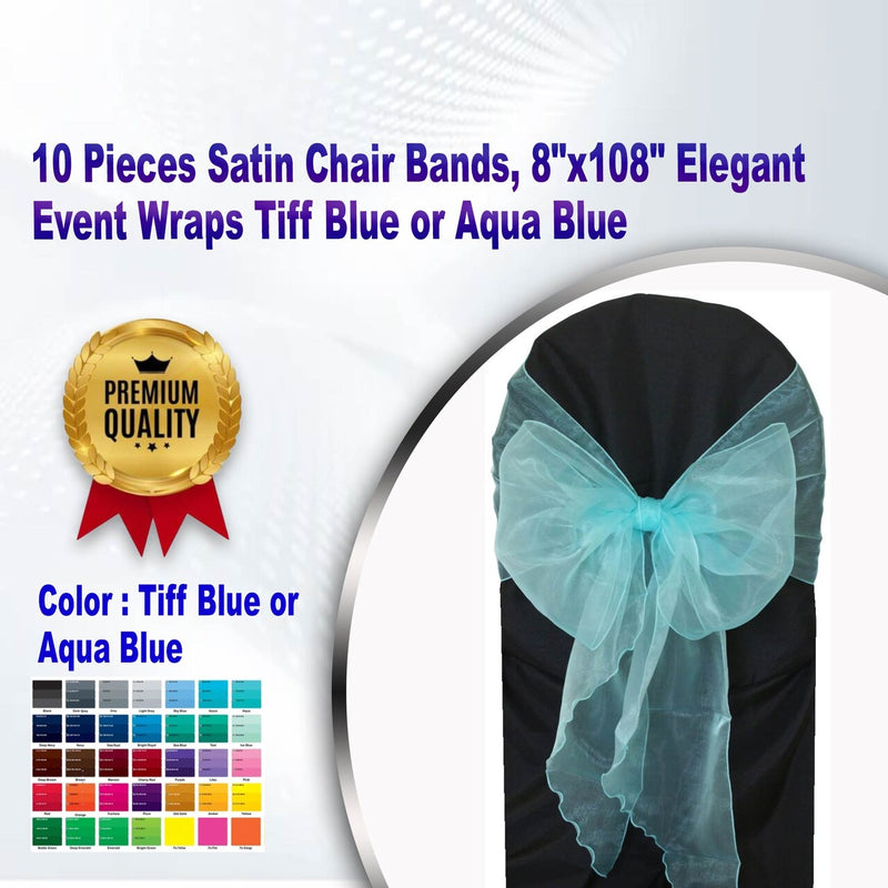10 piezas de bandas para sillas de satén, 8"x108" envolturas elegantes para eventos en azul Tiffany/azul aqua