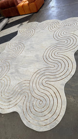 Z325B Polyester Fabric - Cream Rug With Metallic Gold Accents, Designer Geometric Edge Style, 5' 3" X 7' 6", 7' 9" X 10' 5", 10' X 13' (1 Piece)