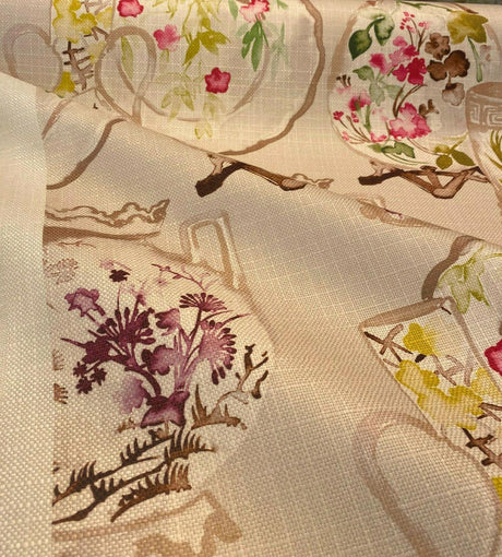 Quinn Linen Asian Porcelain Print Polyester Fabric - Beige Background, Purple Green Pink Accents, 56" Width (By The Yard)