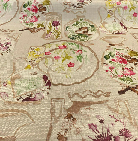Quinn Linen Asian Porcelain Print Polyester Fabric - Beige Background, Purple Green Pink Accents, 56" Width (By The Yard)