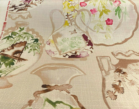 Quinn Linen Asian Porcelain Print Polyester Fabric - Beige Background, Purple Green Pink Accents, 56" Width (By The Yard)
