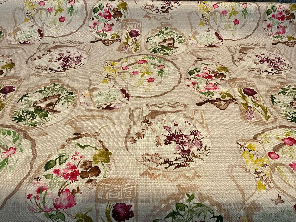 Quinn Linen Asian Porcelain Print Polyester Fabric - Beige Background, Purple Green Pink Accents, 56" Width (By The Yard)
