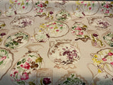 Quinn Linen Asian Porcelain Print Polyester Fabric - Beige Background, Purple Green Pink Accents, 56" Width (By The Yard)