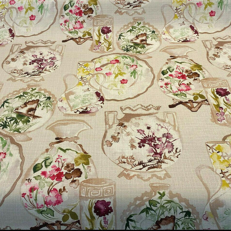 Quinn Linen Asian Porcelain Print Polyester Fabric - Beige Background, Purple Green Pink Accents, 56" Width (By The Yard)