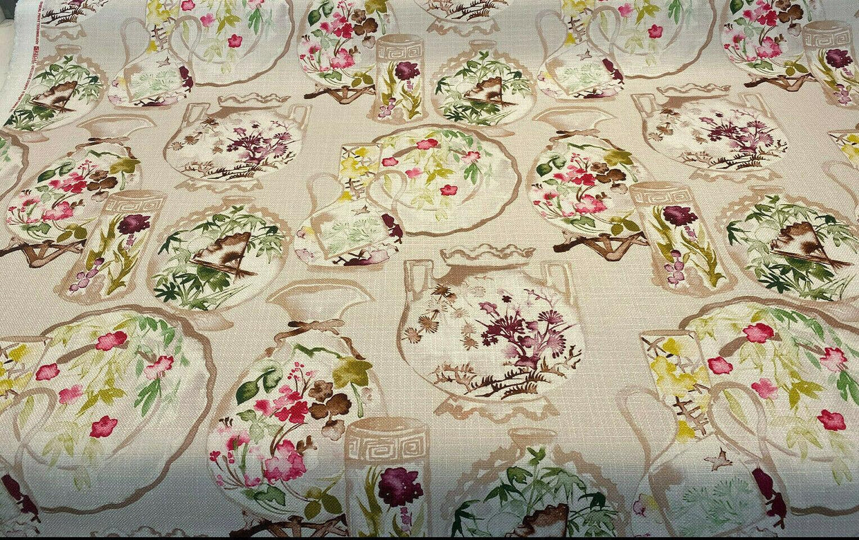Quinn Linen Asian Porcelain Print Polyester Fabric - Beige Background, Purple Green Pink Accents, 56" Width (By The Yard)