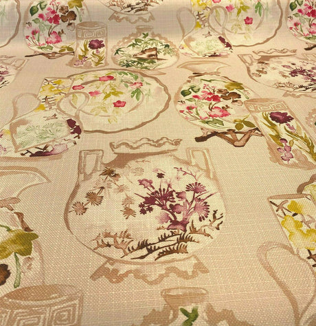 Quinn Linen Asian Porcelain Print Polyester Fabric - Beige Background, Purple Green Pink Accents, 56" Width (By The Yard)