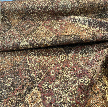 Tabriz Vicuna Chenille Fabric - Diamond Medallion, Rust Brown Burgundy, 56" Width (1 Yard)