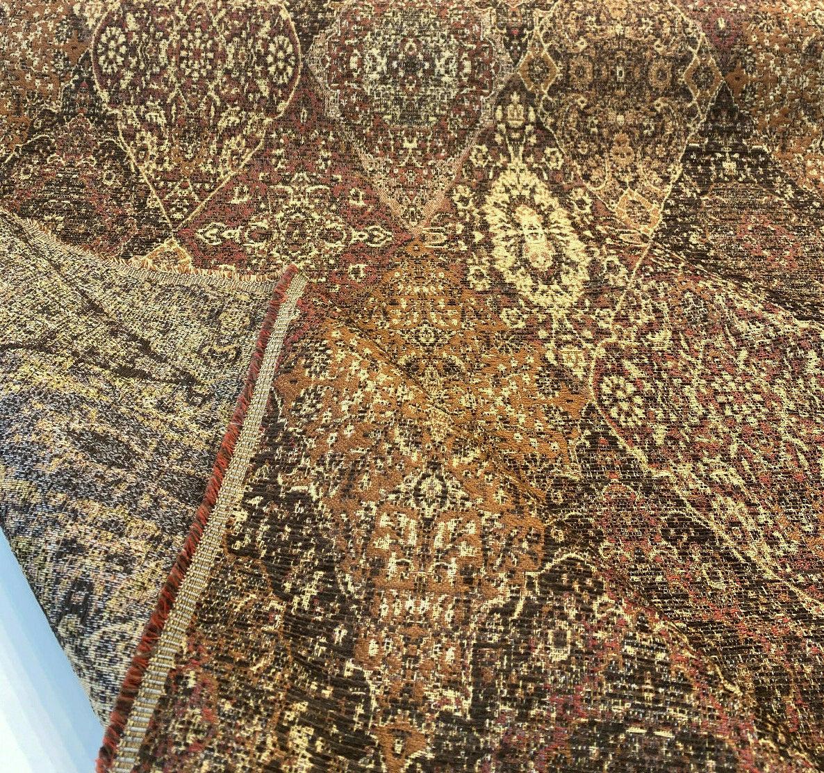 Tabriz Vicuna Chenille Fabric - Diamond Medallion, Rust Brown Burgundy, 56" Width (1 Yard)