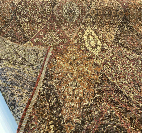 Tabriz Vicuna Chenille Fabric - Diamond Medallion, Rust Brown Burgundy, 56" Width (1 Yard)