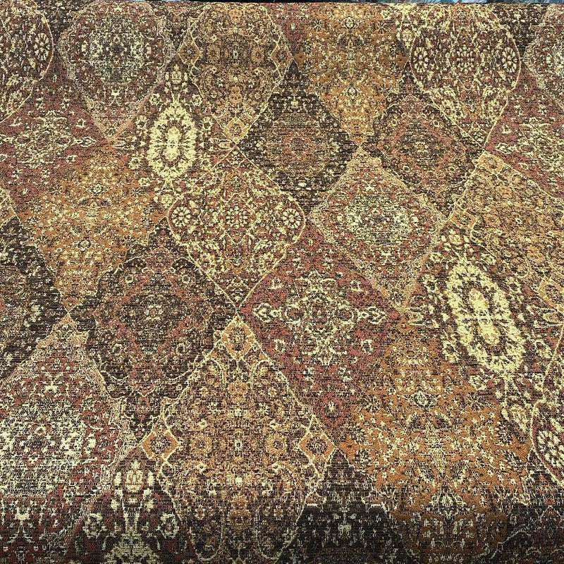 Tabriz Vicuna Chenille Fabric - Diamond Medallion, Rust Brown Burgundy, 56" Width (1 Yard)
