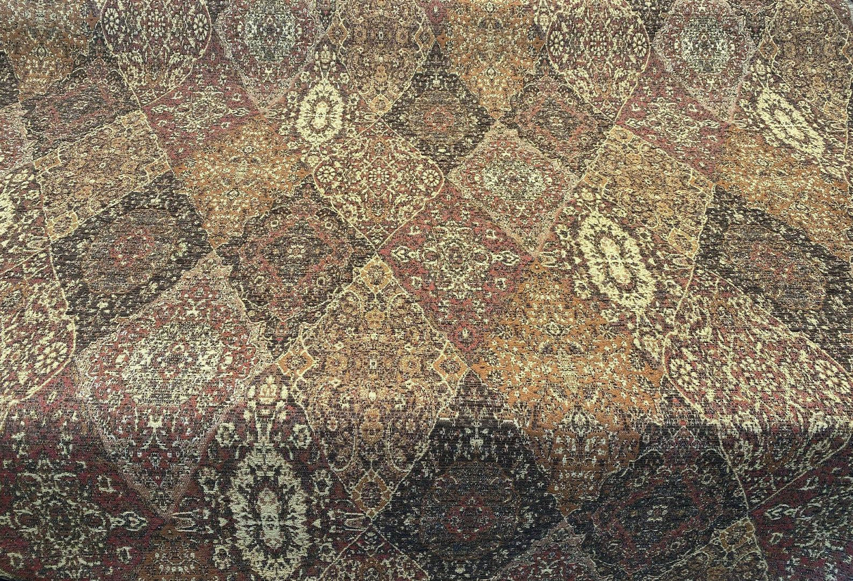Tabriz Vicuna Chenille Fabric - Diamond Medallion, Rust Brown Burgundy, 56" Width (1 Yard)