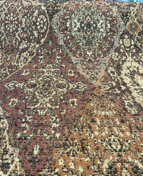 Tabriz Vicuna Chenille Fabric - Diamond Medallion, Rust Brown Burgundy, 56" Width (1 Yard)