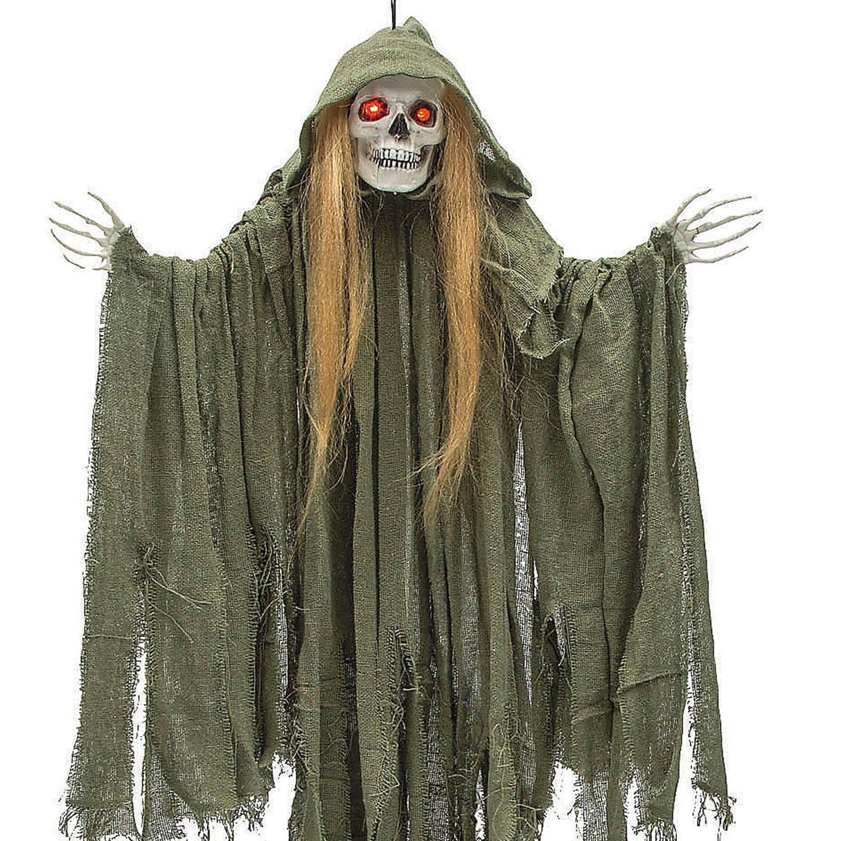 35 1/2" Light Up Hanging Long Hair Skeleton Reaper Halloween Decoration