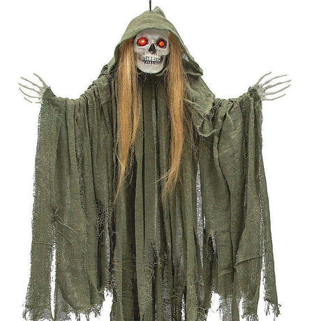 35 1/2" Light Up Hanging Long Hair Skeleton Reaper Halloween Decoration