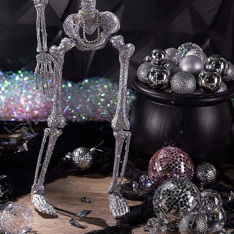 Hanging Silver Skeleton Halloween Decoration Encrusted with Multicolor Jewelry 35 1/2 Inch