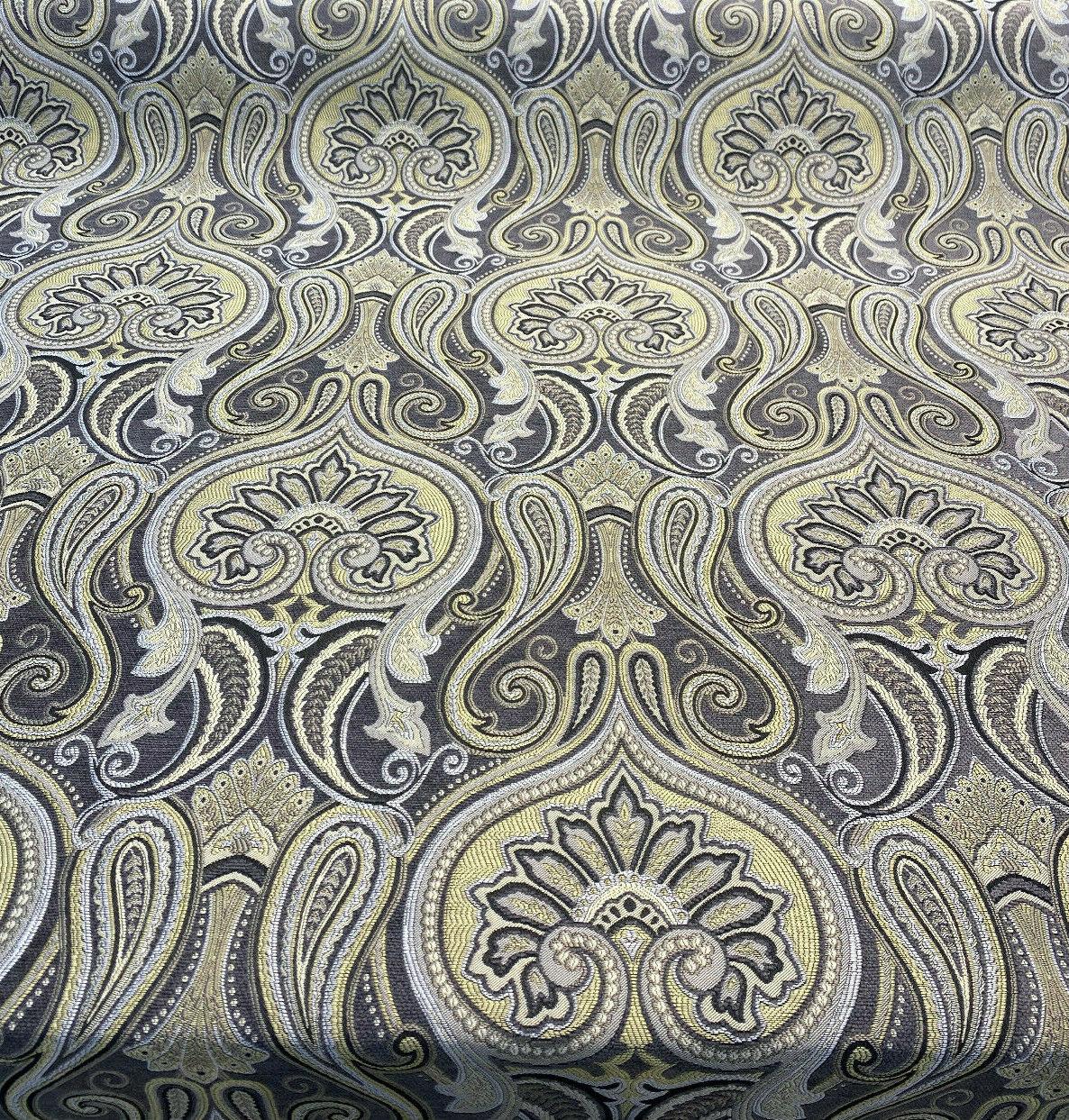 Damask Jaclyn Silver Chenille Fabric - Silver Beige Charcoal Damask, 58" Width (1 Yard)