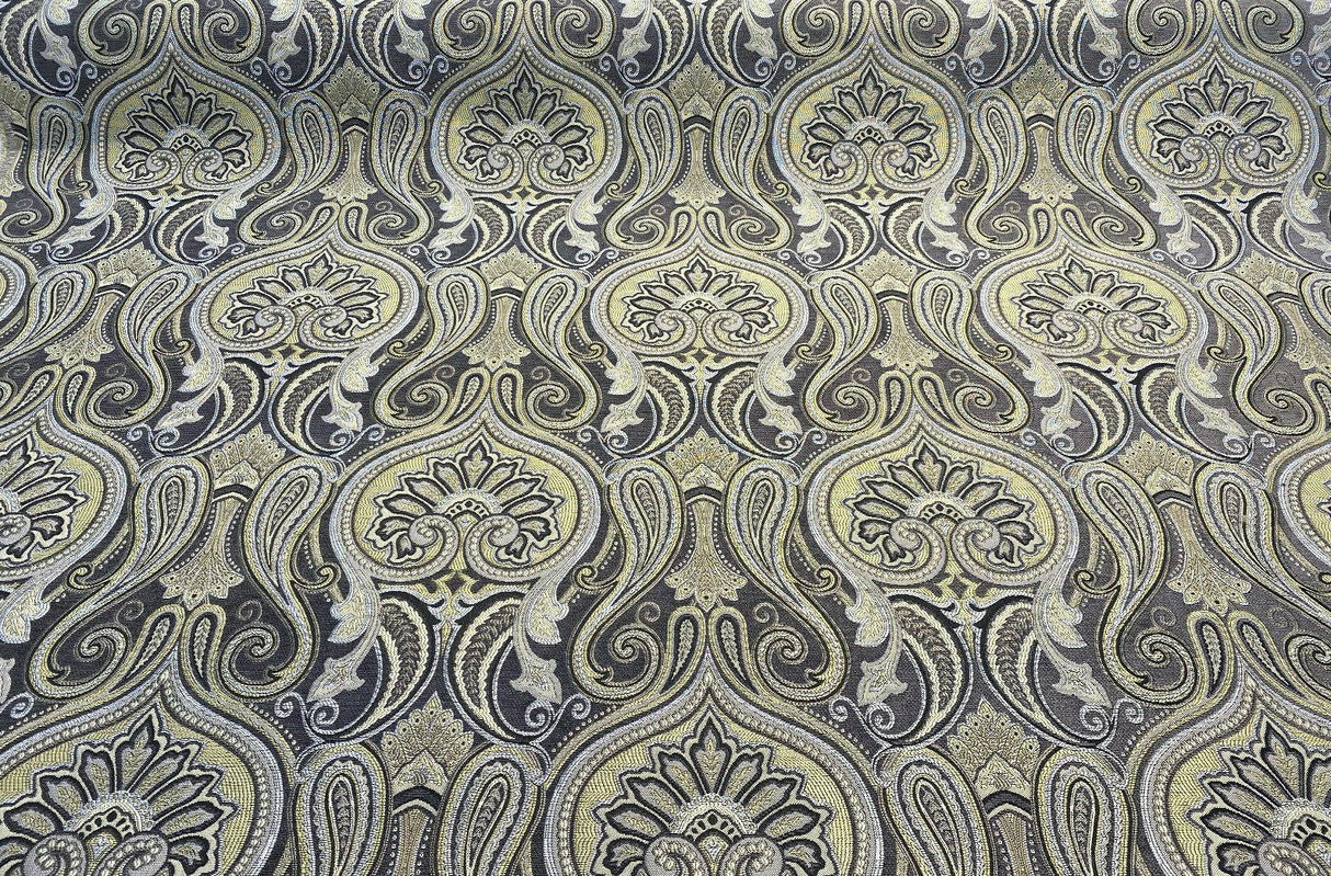 Damask Jaclyn Silver Chenille Fabric - Silver Beige Charcoal Damask, 58" Width (1 Yard)