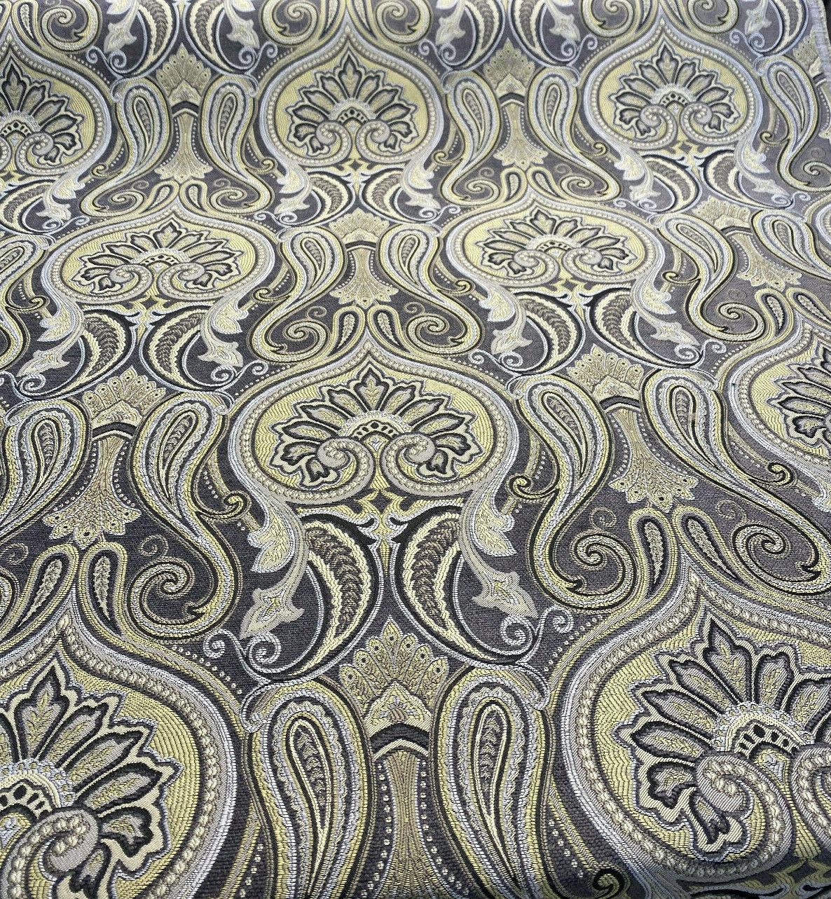 Damask Jaclyn Silver Chenille Fabric - Silver Beige Charcoal Damask, 58" Width (1 Yard)