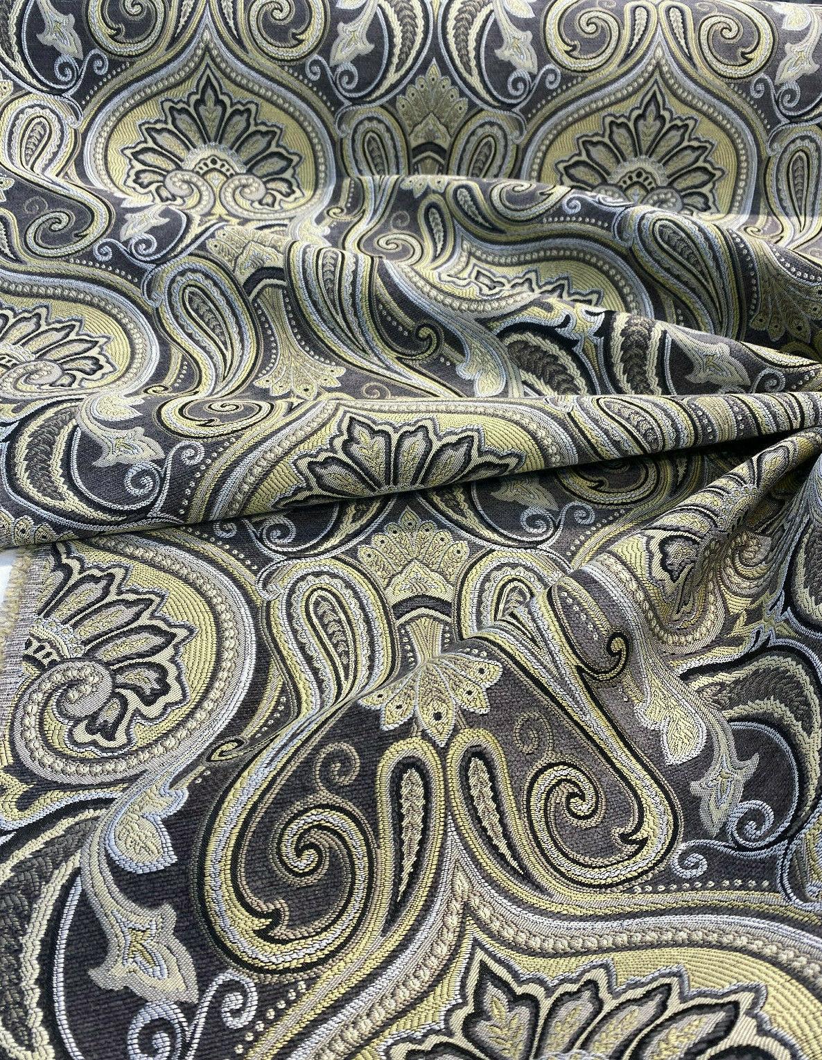 Damask Jaclyn Silver Chenille Fabric - Silver Beige Charcoal Damask, 58" Width (1 Yard)