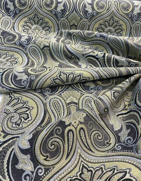 Damask Jaclyn Silver Chenille Fabric - Silver Beige Charcoal Damask, 58" Width (1 Yard)