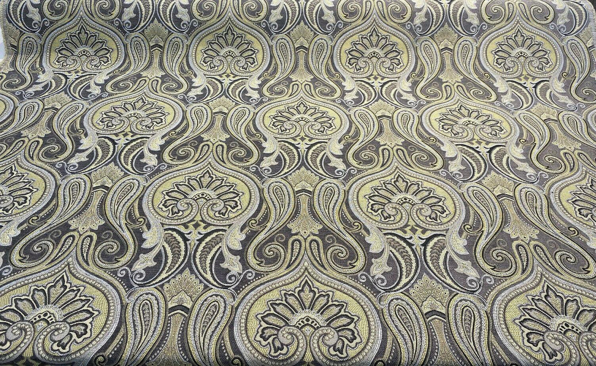 Damask Jaclyn Silver Chenille Fabric - Silver Beige Charcoal Damask, 58" Width (1 Yard)
