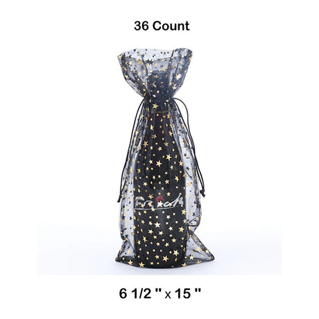 Star Print Organza Wine Bags 6 1/2 '' x 15 '' Black Color 12 EACH / PACKAGE