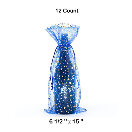 Star Print Organza Wine Bags 6 1/2 '' x 15 '' Royal Color 12 EACH / PACKAGE