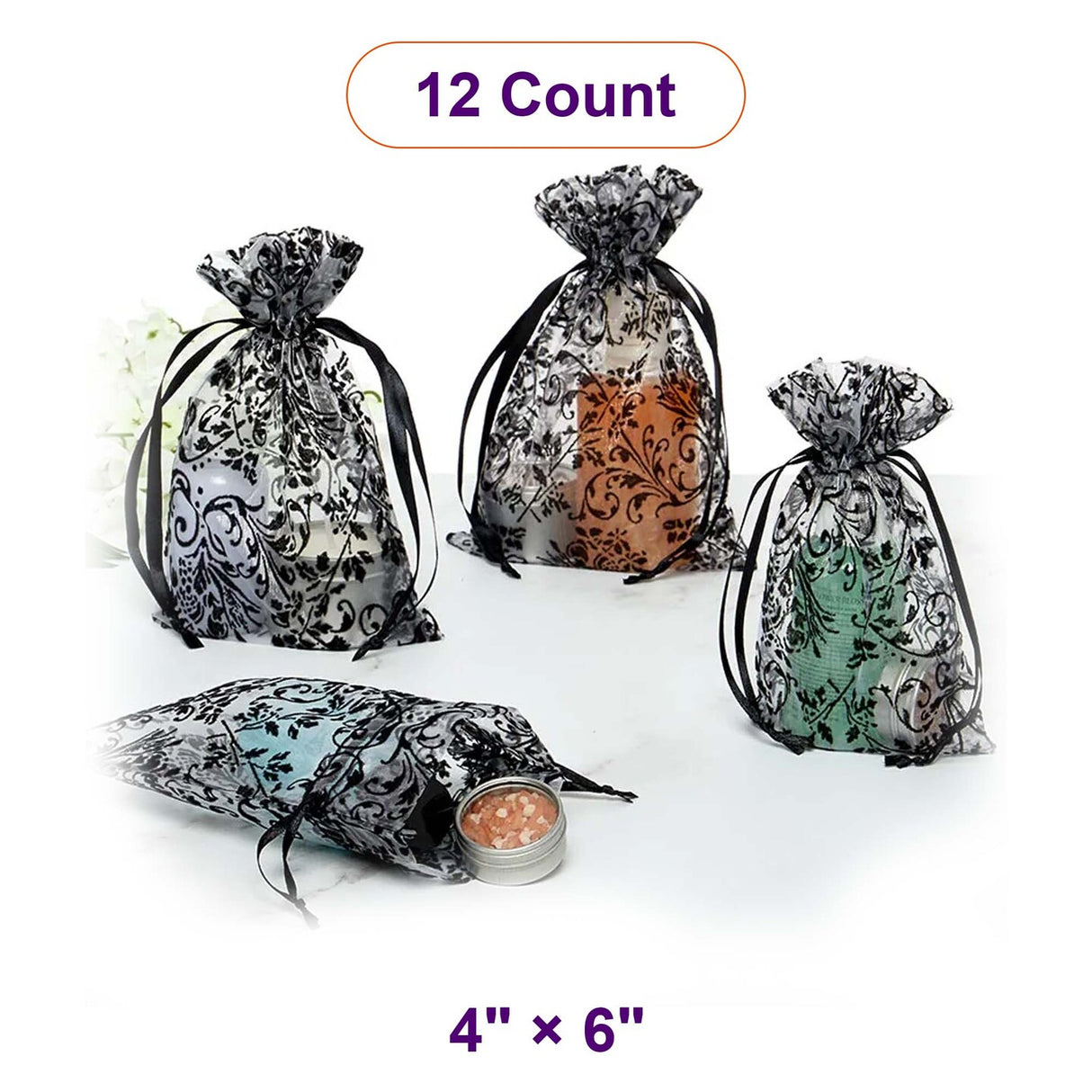 Chic Damask Print Drawstring Sheer Bags 4” x 6”