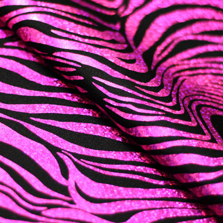 Roxy Zebra Nylon Spandex Fabric - Sparkly Hologram Zebra Print, Fuchsia, Green, Red, Silver, Gold On Black, 58-60" Width (1 Yard)