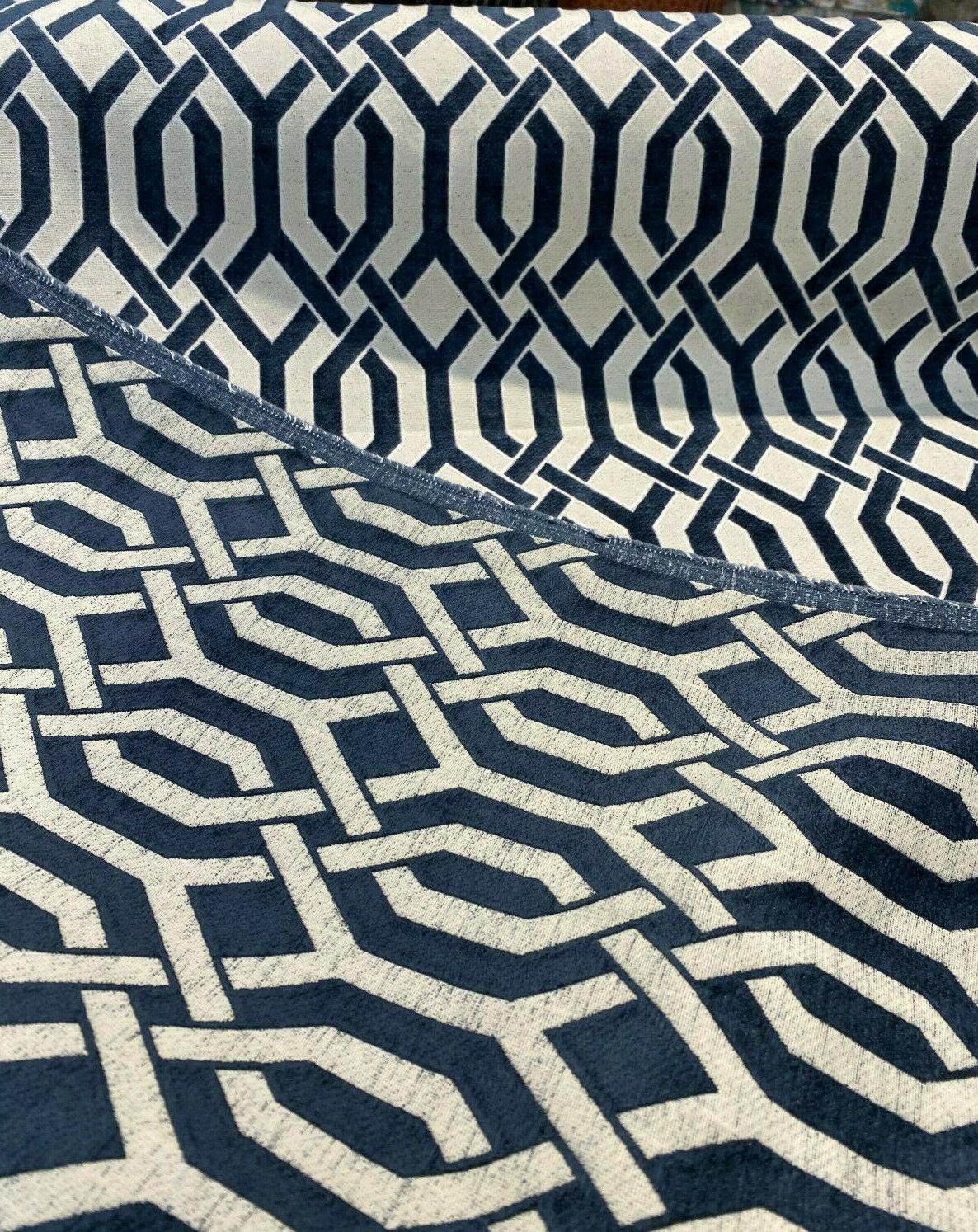 Naxos Blue Navy Geometric Chenille Fabric - Blue Navy Geometric, 58% Viscose 27% Polyester 15% Cotton, 54" Width (1 Yard)