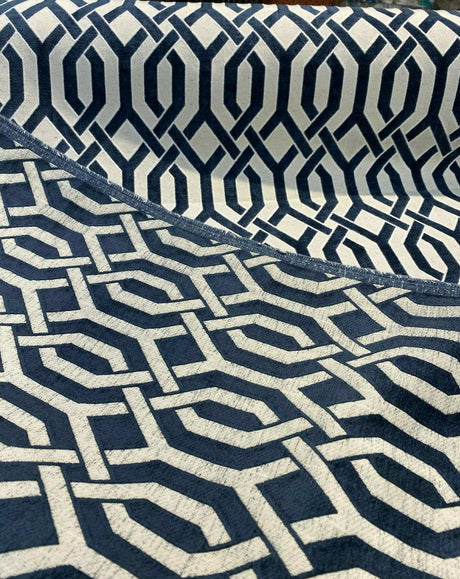 Naxos Blue Navy Geometric Chenille Fabric - Blue Navy Geometric, 58% Viscose 27% Polyester 15% Cotton, 54" Width (1 Yard)