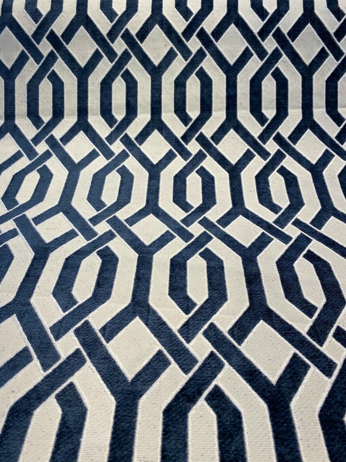 Naxos Blue Navy Geometric Chenille Fabric - Blue Navy Geometric, 58% Viscose 27% Polyester 15% Cotton, 54" Width (1 Yard)