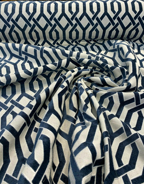 Naxos Blue Navy Geometric Chenille Fabric - Blue Navy Geometric, 58% Viscose 27% Polyester 15% Cotton, 54" Width (1 Yard)
