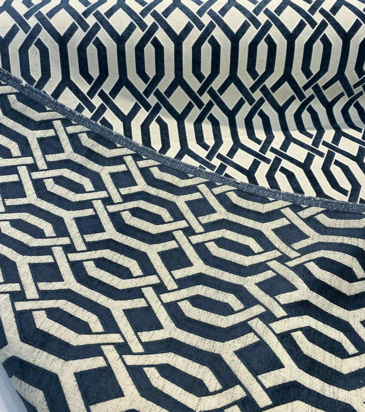 Naxos Blue Navy Geometric Chenille Fabric - Blue Navy Geometric, 58% Viscose 27% Polyester 15% Cotton, 54" Width (1 Yard)
