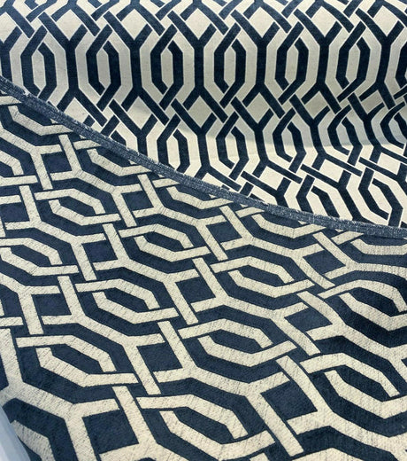 Naxos Blue Navy Geometric Chenille Fabric - Blue Navy Geometric, 58% Viscose 27% Polyester 15% Cotton, 54" Width (1 Yard)