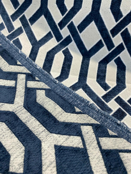 Naxos Blue Navy Geometric Chenille Fabric - Blue Navy Geometric, 58% Viscose 27% Polyester 15% Cotton, 54" Width (1 Yard)