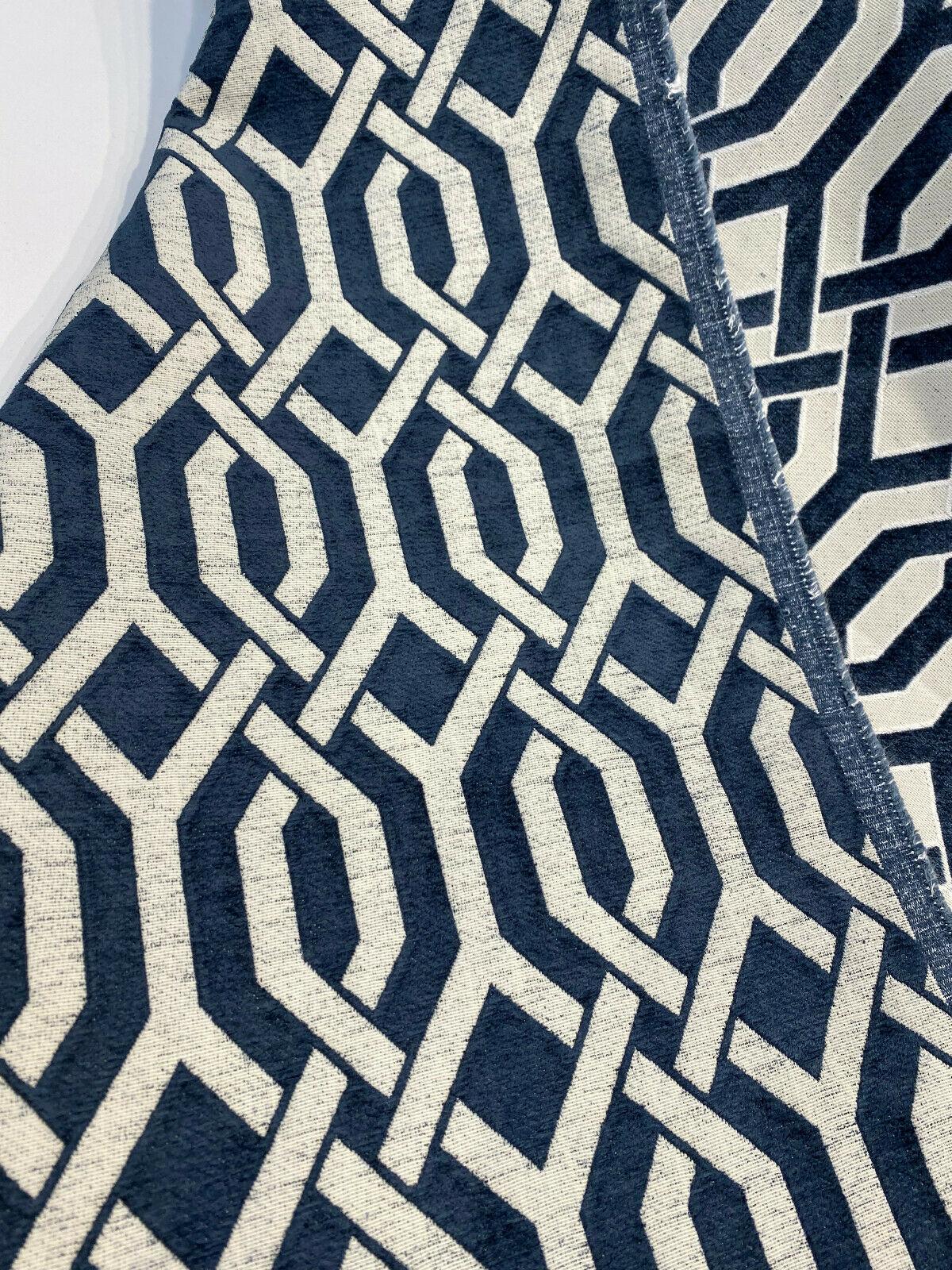 Naxos Blue Navy Geometric Chenille Fabric - Blue Navy Geometric, 58% Viscose 27% Polyester 15% Cotton, 54" Width (1 Yard)