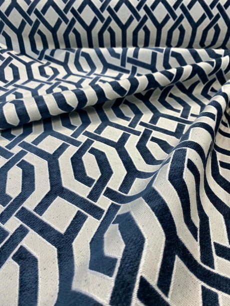 Naxos Blue Navy Geometric Chenille Fabric - Blue Navy Geometric, 58% Viscose 27% Polyester 15% Cotton, 54" Width (1 Yard)